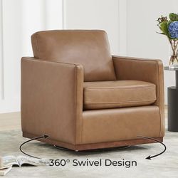 Genuine Leather Swivel Accent Chair, FSC Certified Mid Century Modern Arm Chair for Living Room and Bedroom, Fully Assembled, Saddle