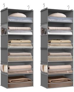 SONGMICS Hanging Closet Organizers 6-Tier Fabric Storage Shelf w/ Side Pockets Set of 2 - Gray