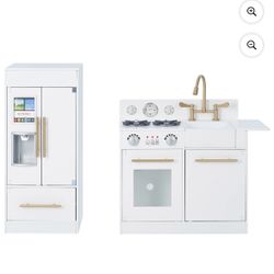 Kids Wooden Play Kitchen Set – Teamson Little Chef Charlotte, Toddler Kitchen Playset with Sink, Stove, Fridge & Accessories, White/Gold, Ages 1–7