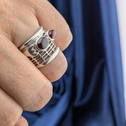 Wide Sterling Silver Lattice Ring, Garnet Gemstone, Design ring by Amir Poran.
