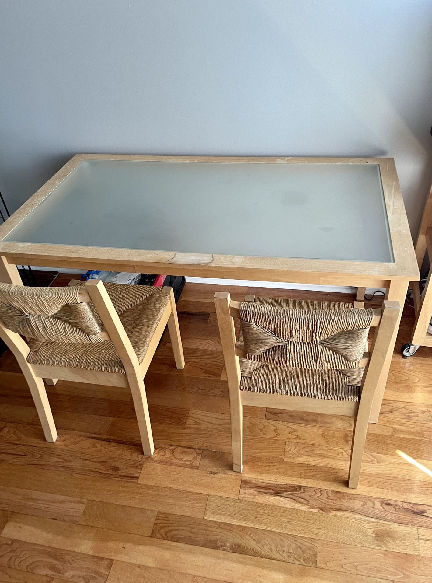 Table For Small Space or For Arts & Crafts & 4 chairs , 4 Feet 2” X 2 Feet 2” Frosted Glass