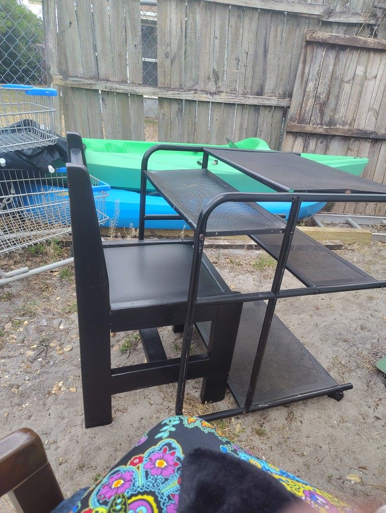 Small Black Metal Computer Desk With Wooden Chair