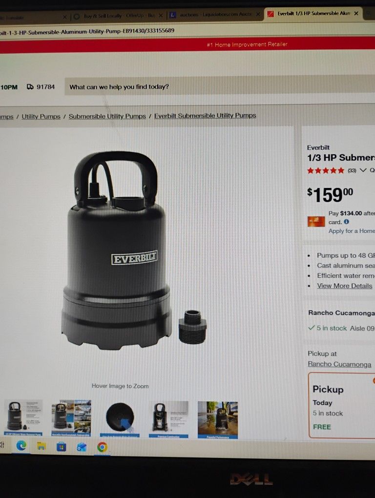 Everbilt 1/3 Hp Submersible Aluminium Utility Pump