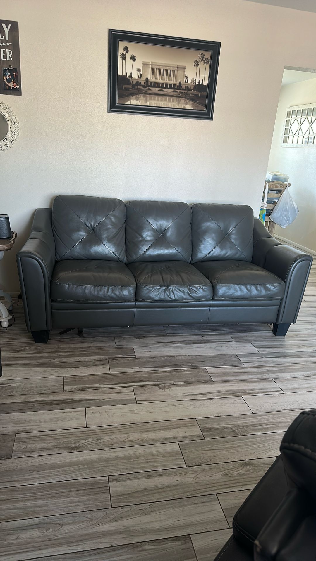 Grey Leather Love Seat And Sofa Set In Great Condition !