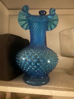 Blue Hobnail Glass Vase with Ruffled Edge