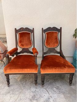 Antique Victorian Carved Walnut Velvet Chairs