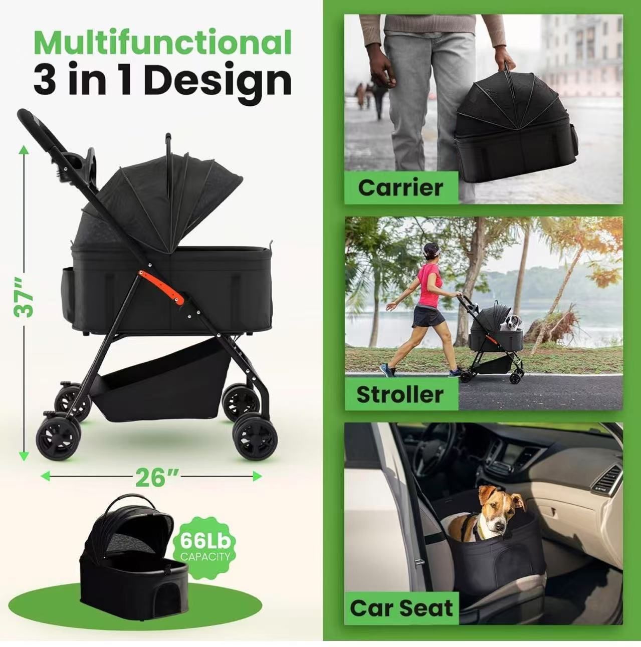 🥨Pet Stroller 3 in 1 Foldable Dog Stroller, Cat Strollers, Foldable pet Strollers & Cat Carrier, Pet Carrier, Lightweight with Cup Holder, Waterproof