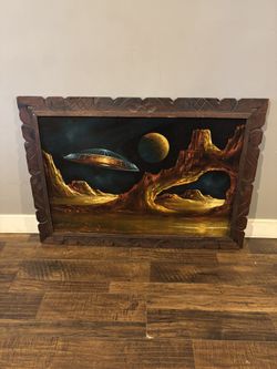 A Manzo Vintage 1970 UFO Black Velvet Painting Large Framed 43 Inches Wide
