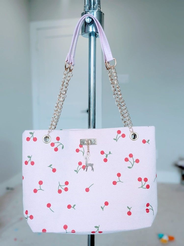Cherry Print Tote Bag with Chain Straps - Free Transparent Cosmetic Pouch