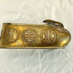VINTAGE Brass Asian Miniature Ashtray Shoe (RARE FIND with Smoke Product Resting Plate) Chinese Longevity Symbols