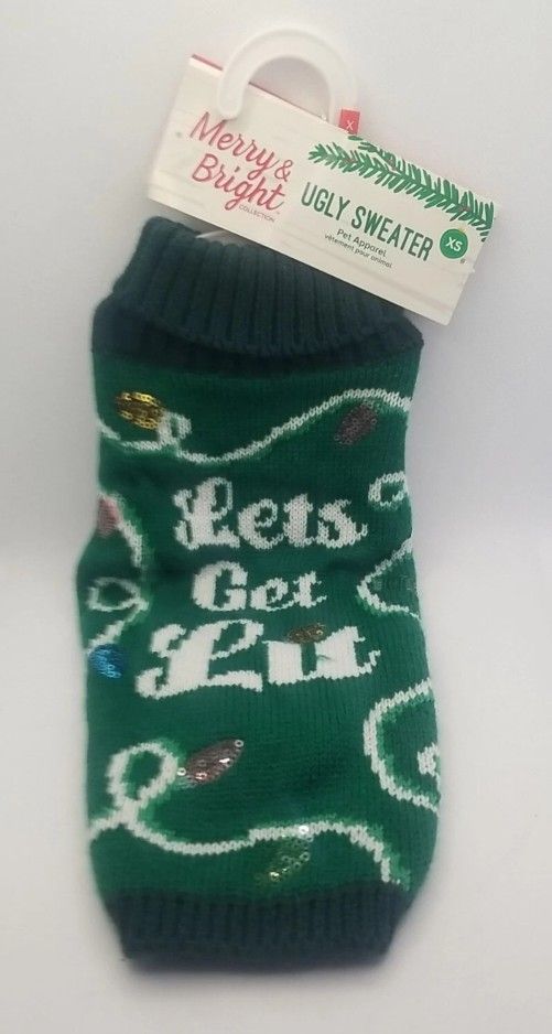 Merry & Bright Lets Get Lit Ugly Christmas Sweater Cat/Dog NWT