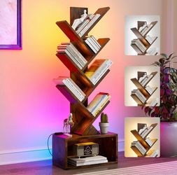 Evermagin 6 Tier Tree Bookshelf with Lights, LED Book Tree Bookcase Rustic Brown with Storage Organizer, Small Corner Bookshelf Floor Standing Book Sh