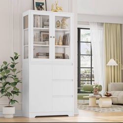 71" Large Bookcase with Glass Display Cabinet and 3 Tier Wide Book Shelves, Tall Bookshelf with 3 Storage Drawers, China Cabinet with Glass Doors for 