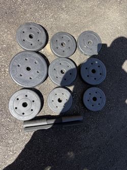 Selling a set of weight plates for a barbell/dumbbells. Total of 9 plates, various weights