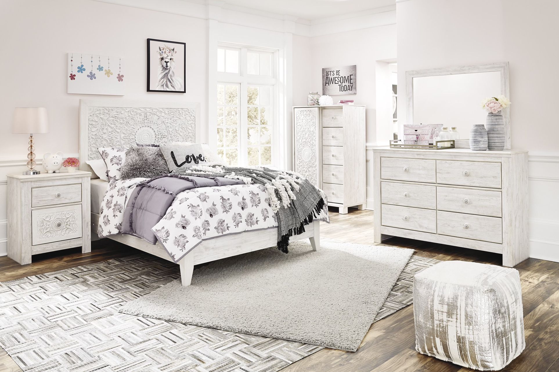 4pc Queen Panel Bed with Mirrored Dresser and Nightstand set by Ashley 