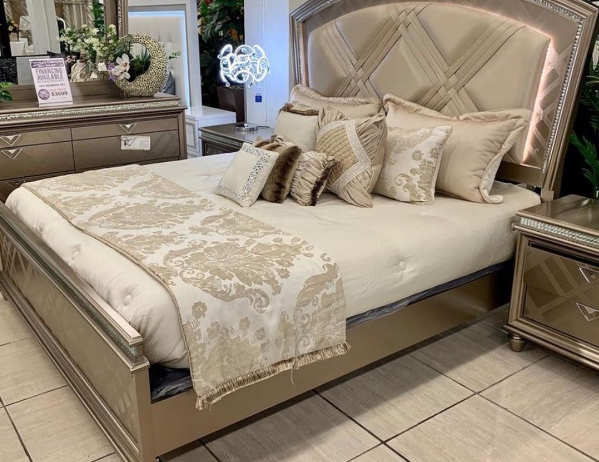 Cristal Gold LED Panel Bedroom Set Crown Mark / Queen and King Bed Frame