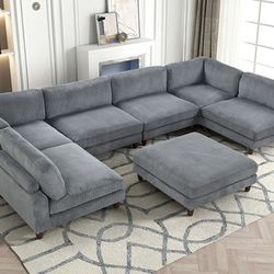 Brand New Gray Corduroy Velvet Modular Sectional Sofa With Ottoman 