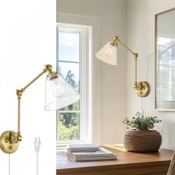 Modern Swing Arm Wall Lamp with Rotary On/Off Switch Plug-in Cord, Brushed Gold Vintage Industrial Sconce with Cone  Cleare glass lampshade