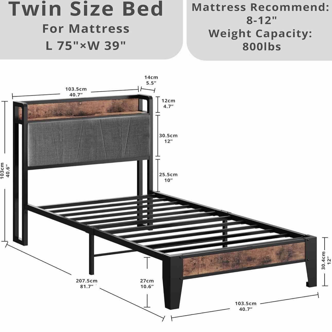 Twin Bed Frames, Storage Headboard,No Box Spring Needed(TBF-015)