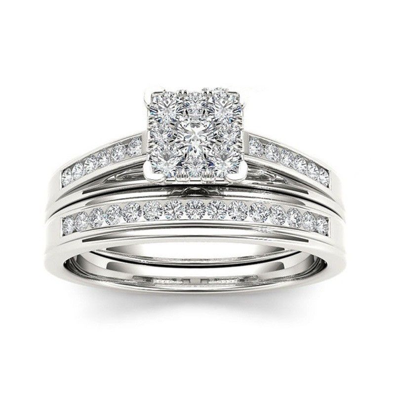 "Double Layer Princess Cut Gems Square Zircon Rings for Women, EVGG1256