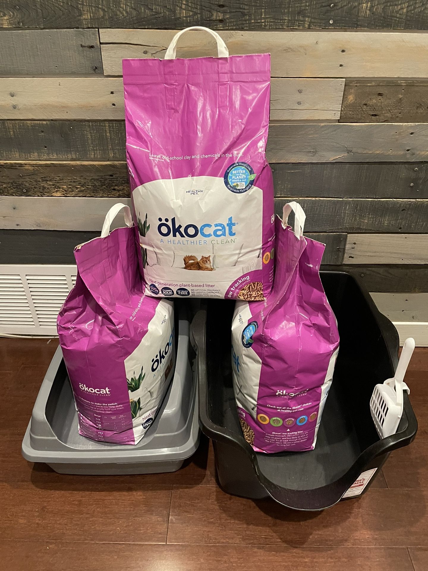 3 Cat Wooden Cat Litter bags Sealed Okocat 21.5lb+ 2 Used Cat Litter Boxes