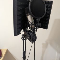 Studio Equipment: Microphone, mic stand, headphones, pop filter