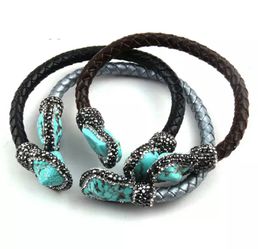 Handmade Paved Blue & White Stone Leather Cuff Bracelet