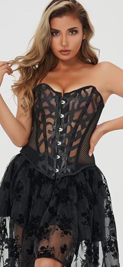 Small Black Corset Tops For Women Satin Overbust Lace up Busiter Shapewear Corset