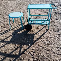 Vintage Metal Indoor/Outdoor Bar/Food Cart And Round Table