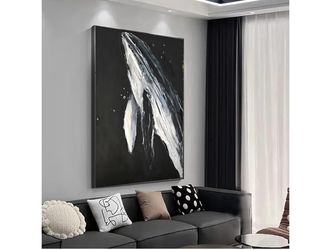 White and Black Whale Canvas Wall Art for Living Room, Hand Painted Animal Oil Painting 40x28IN