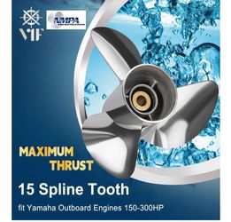 Stainless Steel m, 3 Blades Propeller Semi Cleaver Compatible With Yamaha Engines 150-300HP M/T Series, 4-3/4" Gearcase 15 Spline Tooth,