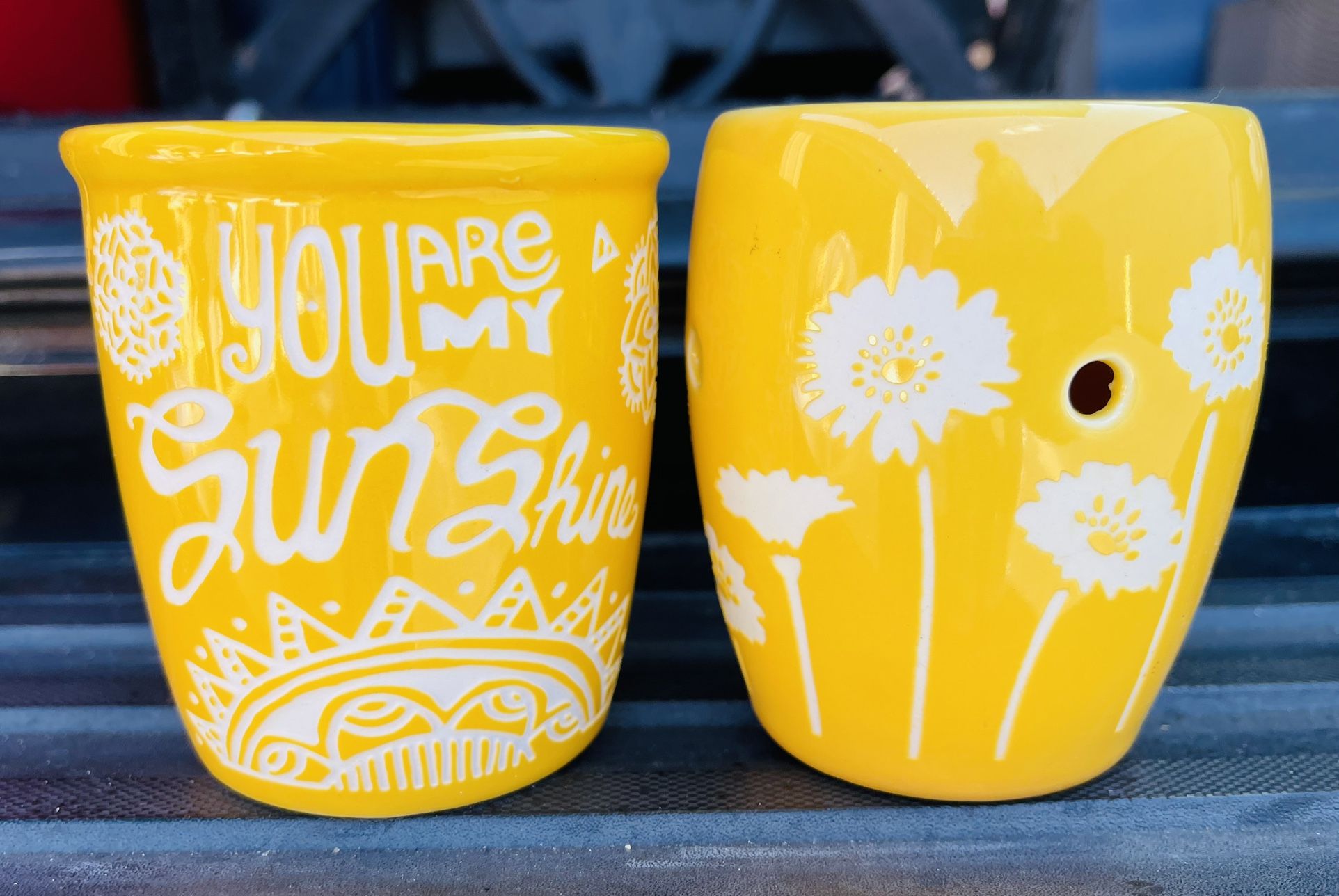 2 Yellow “You Are My Sunshine” Ceramic Tea Candle Holders