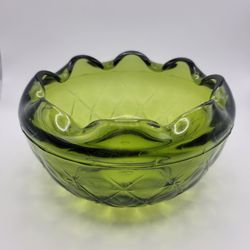 Vtg Green Indiana Glass Candy Dish Quilted Diamond Hollywood Regency 5.5" Diam