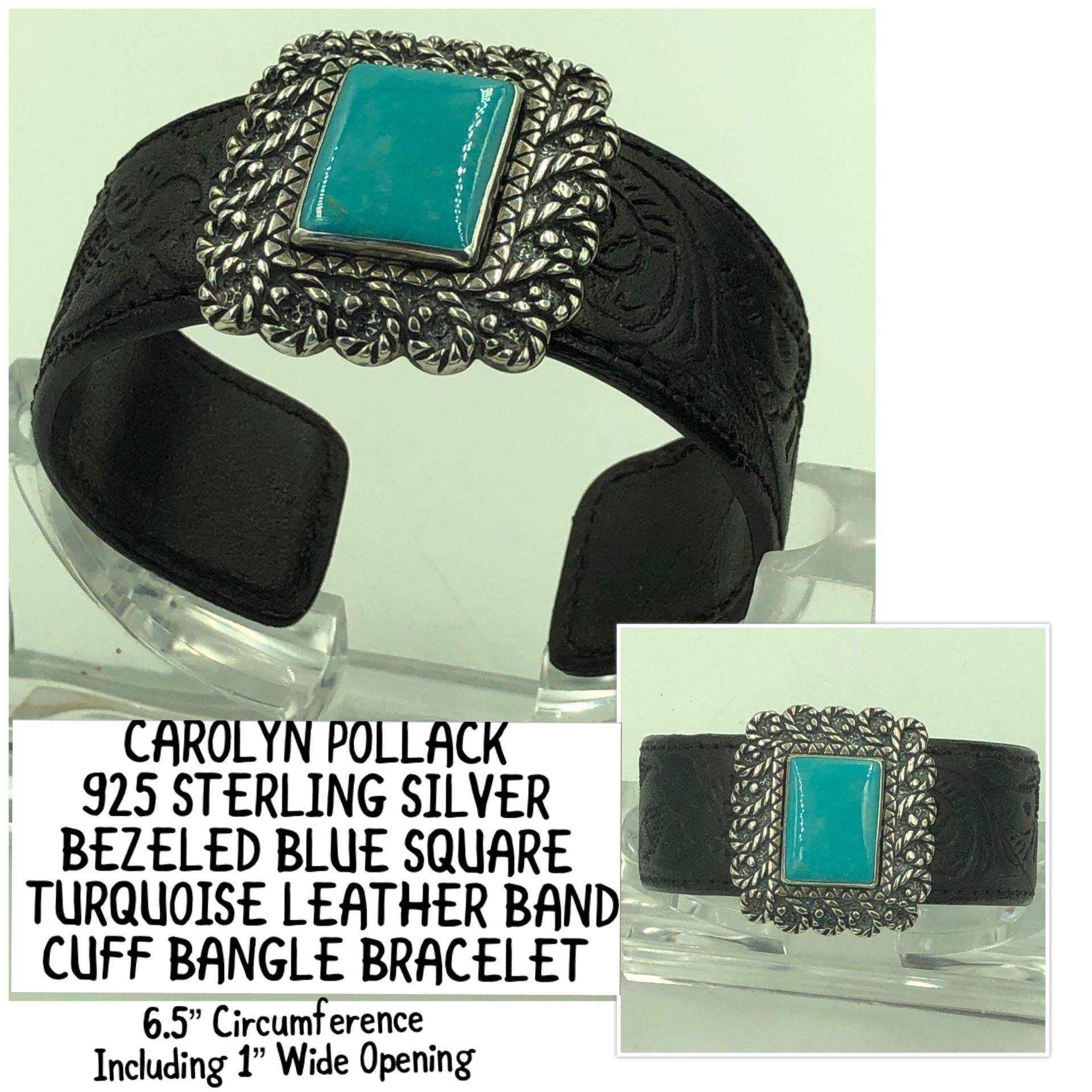 Carolyn Pollack 925 STER Silver Turquoise Carved Leather Band Cuff Bangle Bracelet