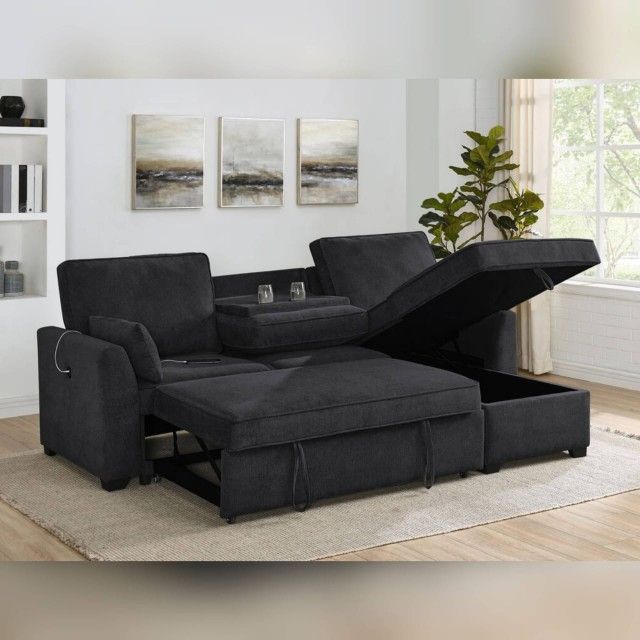 92"W Black Fabric Sleeper Sectional pull out sofa bed with Reversible Storage Chaise, USB Charging Ports, and Cupholders
