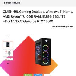 HP OMEN 45L Gaming Desktop, Windows 11 Home, AMD Ryzen 7, 16GB RAM, 512GB SSD, 1TB HDD, NVIDIA GeForce RTX 3070