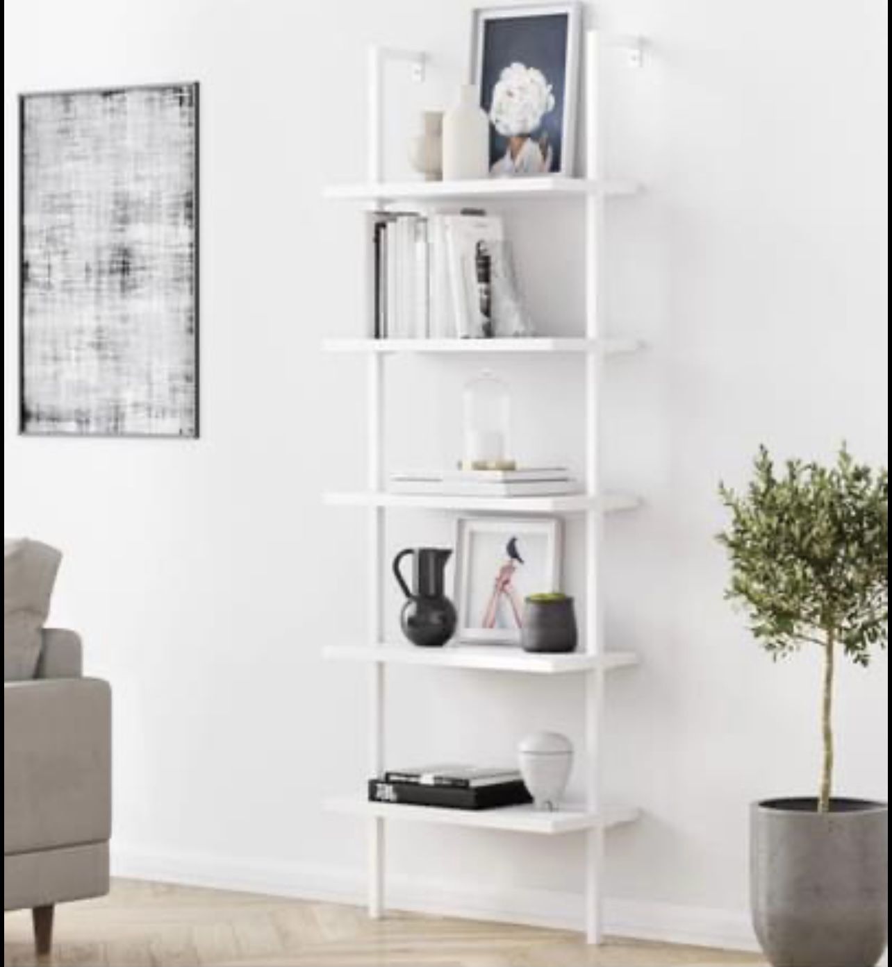 Theo 73 in. White Wood 5-Shelf Ladder Bookcase with White Metal Frame