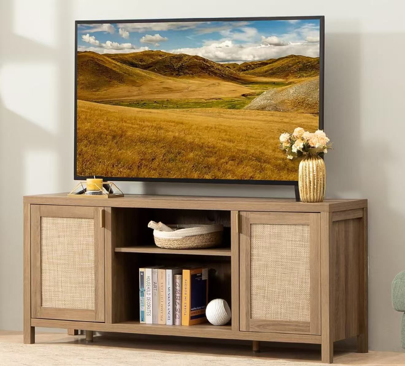 SICOTAS TV Stand for Living Room : Rattan TV Console Cabinet with Storage and Shelf, Boho Entertainment Center, 59" Media Console for 55, 65 Inch TV,
