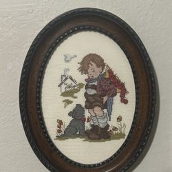 Vintage Hummel Oval Framed Little Boy and Dog Cross Stitch 6x8