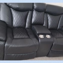 New Black, Reclining Leather, Loveseat With Cupholder