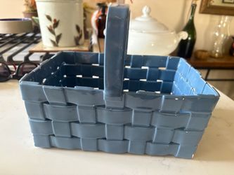 Vintage Italian Blue Ceramic Woven Basket with Handle