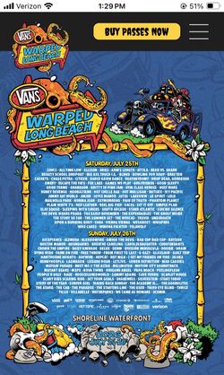 2 Vans Warped Tour 2-Day General Admission Wristbands @ Long Beach