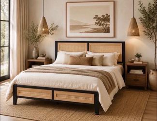 Queen Size Rattan Bed Frame with Headboard, Boho Metal Platform Bed.