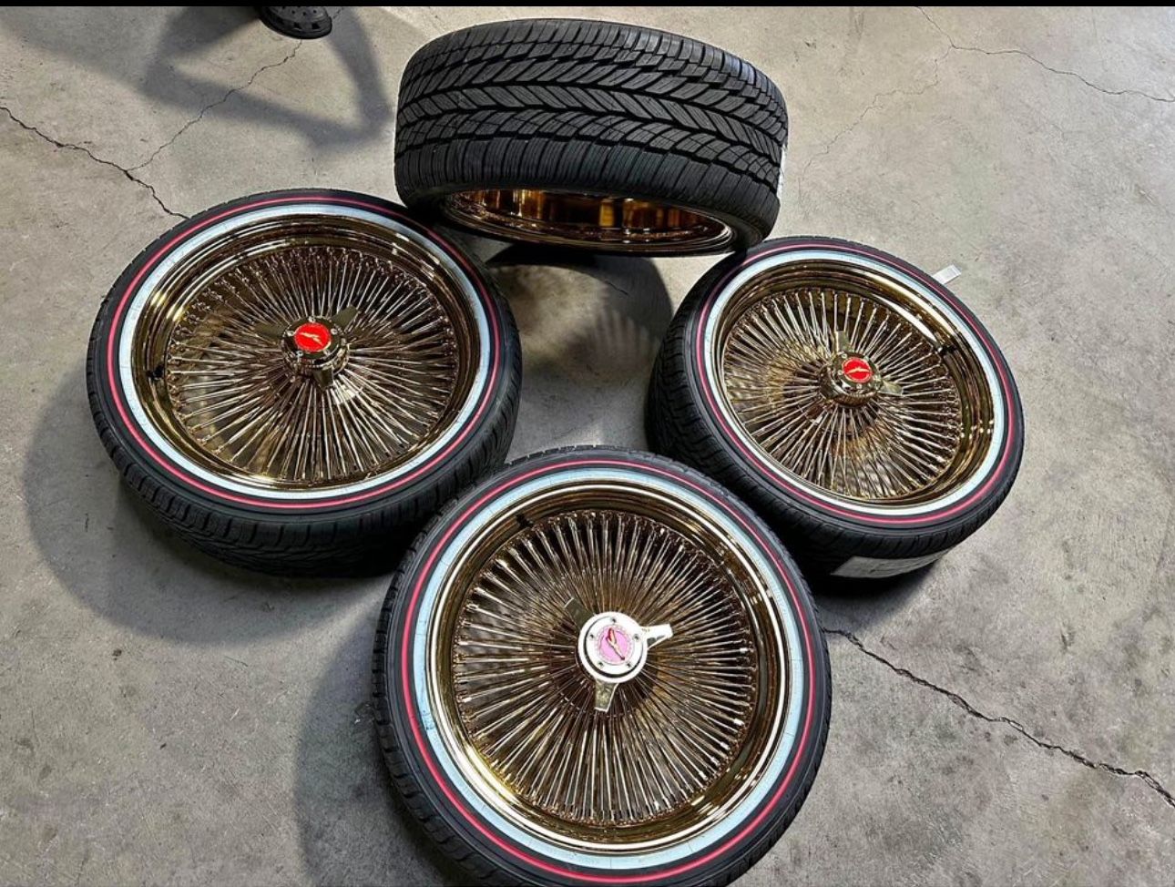 20” LUXOR WIRE WHEELS ALL GOLD + RED/WHITE VOGUE TIRES (4) CUTLASS IMPALA-EL CAMINO -WE FINANCE