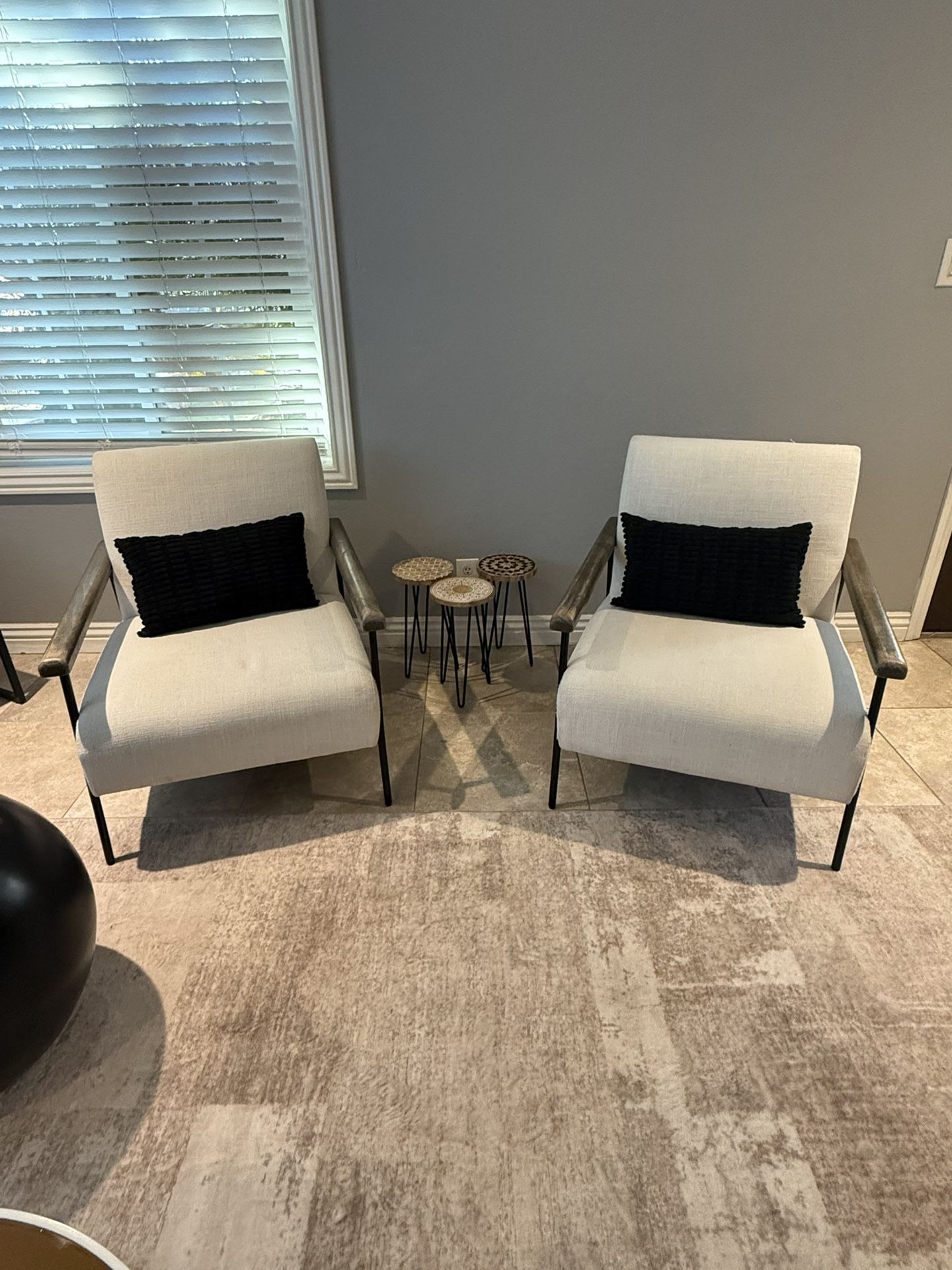 •	“Set of 2 Modern Accent Chairs – Beige Fabric & Wood Arms”
