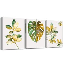SERIMINO 3 Piece Canvas Wall Art for Living Room Green and Gold Palm Leaf Minimalist Watercolor

