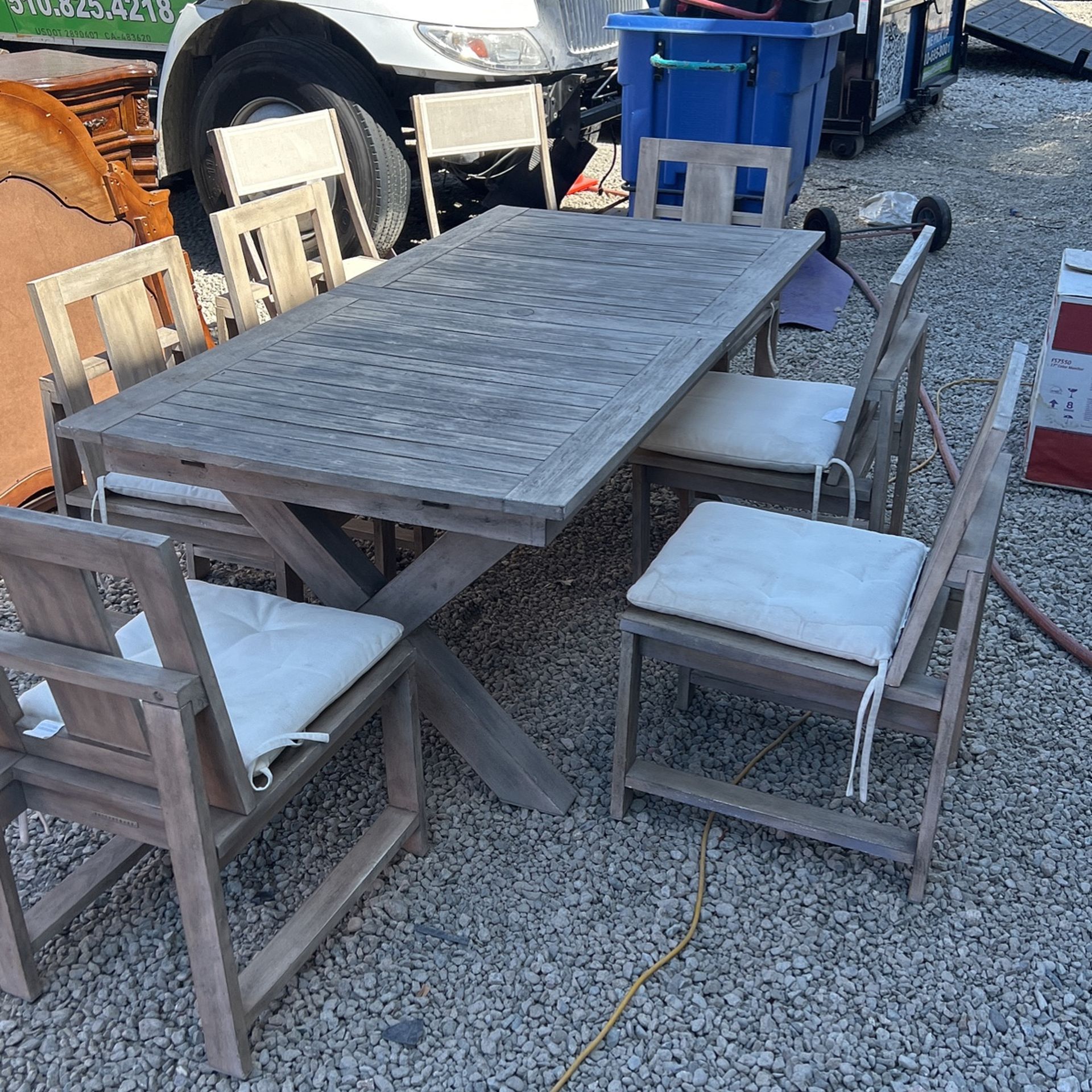 Pottery Barn Indio Eucalyptus X-Base Weathered Grey Extending Outdoor Dining Set