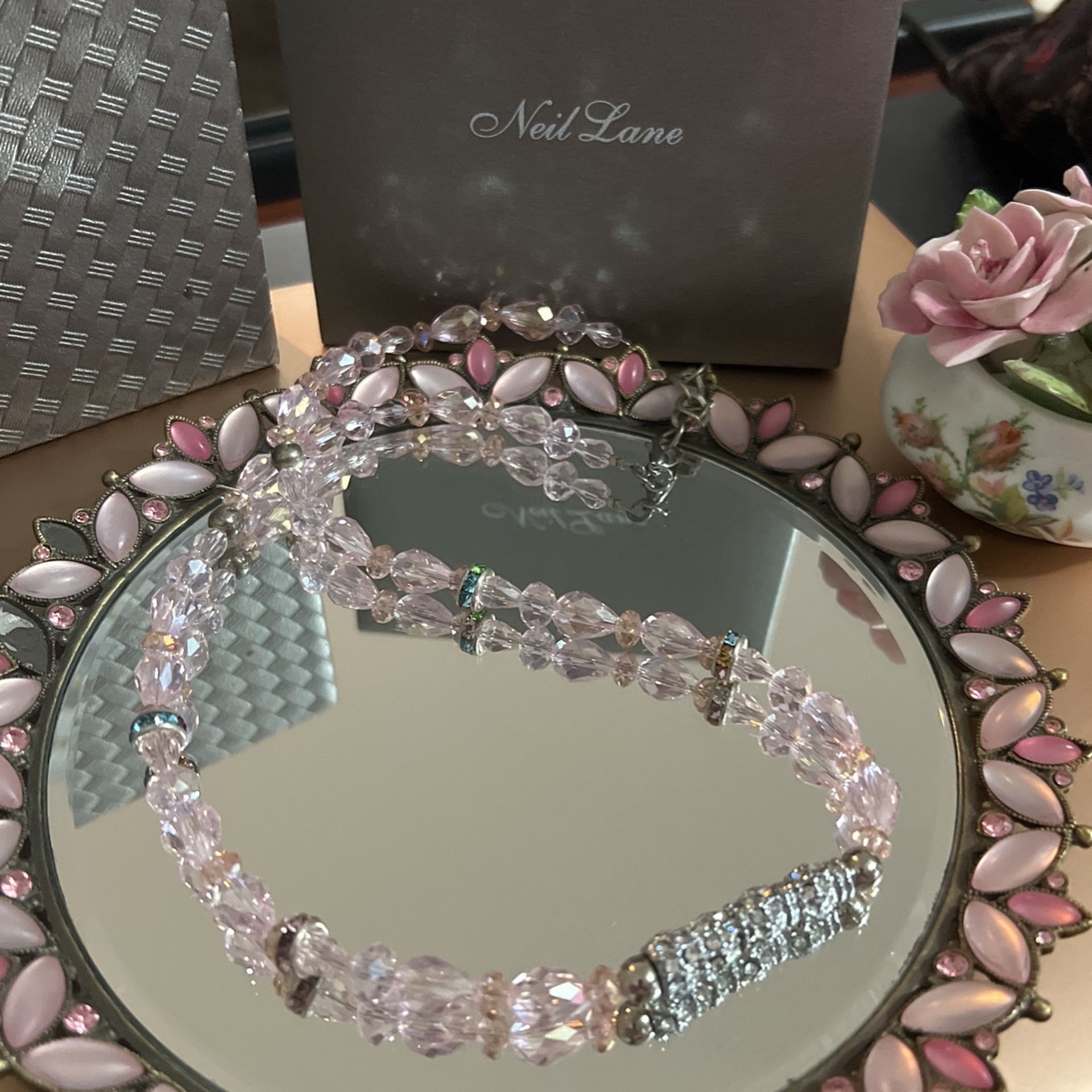 Beautiful!!! Elegant!!!Victorian! Pink Crystal Stone Necklace With Diamond Sapphire Stones