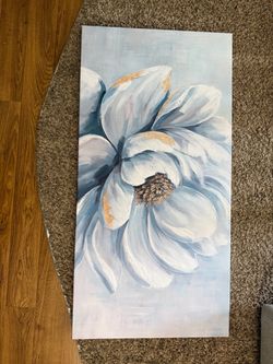 Flower Wall Art Blue and Gold Wall Decor Canvas 24”x48”