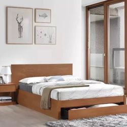 FULL SZ PLATFORM BED W STORAGE MAPLE  BRWN WOOD